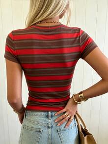 SuriyaCove Women's Fitted T-Shirt, Round Neck Short Sleeve, Summer Autumn Mature Style, Fashion Outdoor Single Piece, Red Brown Striped Pattern, Essential For Mature Women - Multicolor - View 2