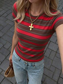 SuriyaCove Women's Fitted T-Shirt, Round Neck Short Sleeve, Summer Autumn Mature Style, Fashion Outdoor Single Piece, Red Brown Striped Pattern, Essential For Mature Women - Multicolor - View 1