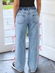SHEIN Celana Panjang Denim Biru Muda Longgar dengan Pita Merah Muda untuk Remaja Perempuan - Biru - View 6