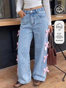 SHEIN Celana Panjang Denim Biru Muda Longgar dengan Pita Merah Muda untuk Remaja Perempuan - Biru - View 5