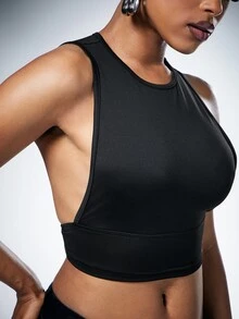 Denimoi Women's Fashion Solid Color Minimalist Round Neck Cropped Tank Top, Basic Side Cut Out Night Out - Black - View 5