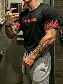 GymRaken Men's Flame Letter Print Sports T-Shirt, Gym - Black - View 7