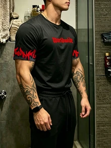 GymRaken Men's Flame Letter Print Sports T-Shirt, Gym - Black - View 4
