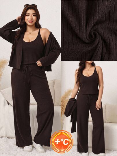 Comfylo Conjunto de mujer talla grande casual holgado de unicolor con cárdigan de punto acanalado, camiseta de tirantes y pantalones con cordón, estilo formal y de estar en casa, marrón, otoño