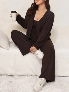 Comfylo 女款大尺碼休閒寬鬆素色羅紋針織吊帶開襟毛衣抽繩長褲套裝 正式居家風 棕色 秋季 - 彩色 - 查看 3