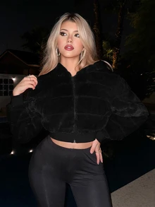 SHEIN ICON Plush Zipper Open Front Hooded Cropped Jacket In Fall/Winter - Black - View 7