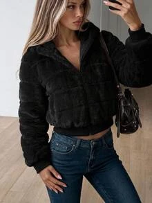 SHEIN ICON Plush Zipper Open Front Hooded Cropped Jacket In Fall/Winter - Black - View 1
