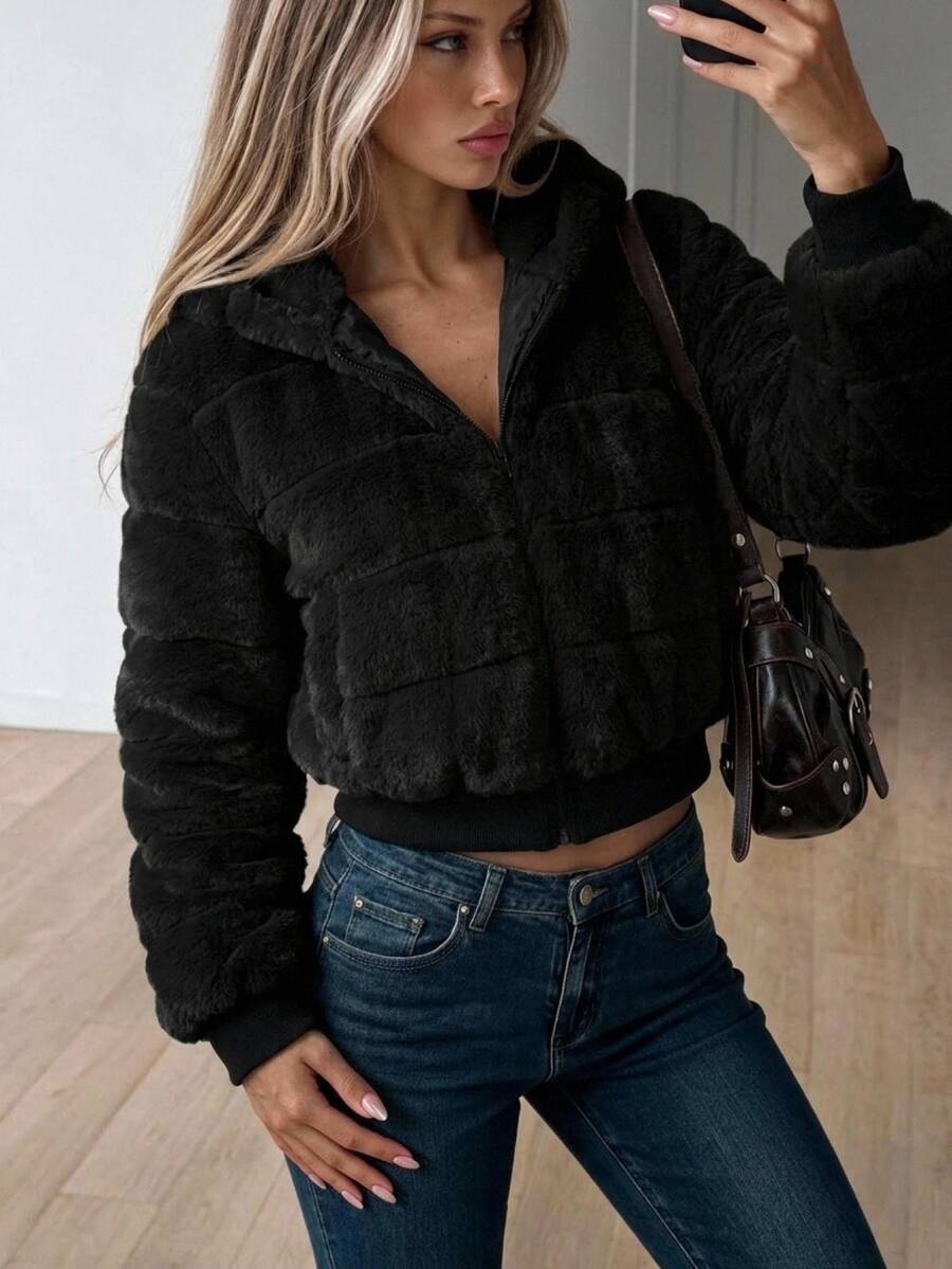 SHEIN ICON Plush Zipper Open Front Hooded Cropped Jacket In Fall/Winter - Black - View 1