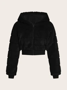 SHEIN ICON Plush Zipper Open Front Hooded Cropped Jacket In Fall/Winter - Black - View 4