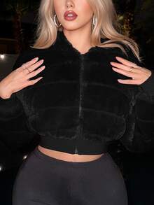 SHEIN ICON Plush Zipper Open Front Hooded Cropped Jacket In Fall/Winter - Black - View 3
