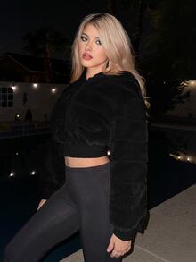 SHEIN ICON Plush Zipper Open Front Hooded Cropped Jacket In Fall/Winter - Black - View 6