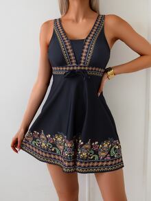 SHEIN Swim Print Modest Boho Tankini Women's Swimwear, Navy Blue Floral Color Conservative Beach Pool Party Vacation Split Two-Piece Swimsuit For Summer - Black - View 1