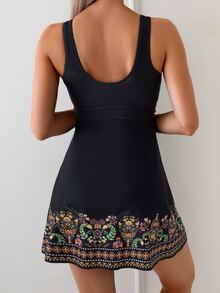 SHEIN Swim Print Modest Boho Tankini Women's Swimwear, Navy Blue Floral Color Conservative Beach Pool Party Vacation Split Two-Piece Swimsuit For Summer - Black - View 2