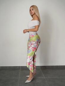 Sweetina Women's Print Asymmetrical Hem Drawstring Slit Fitted Skirt - Green - View 4