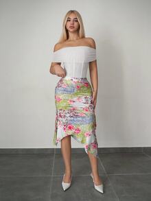 Sweetina Women's Print Asymmetrical Hem Drawstring Slit Fitted Skirt - Green - View 3