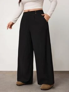 Enliva 大尺碼女款雙鈕扣直筒休閒彈性黑色長褲 秋冬女款長褲 - 黑色 - 查看 6