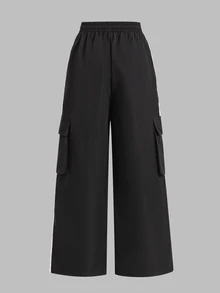 SHEIN Sparklyn Teen Girl Drawstring Waist Colorblock Casual Daily Wear Cargo Pants - Black - View 11