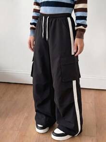 SHEIN Sparklyn Teen Girl Drawstring Waist Colorblock Casual Daily Wear Cargo Pants - Black - View 5