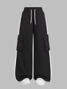 SHEIN Sparklyn Teen Girl Drawstring Waist Colorblock Casual Daily Wear Cargo Pants - Black - View 3