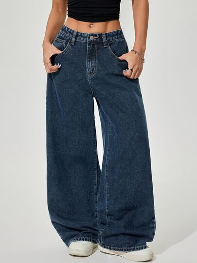 Rivivi Women's Plus Size Casual High Waist Wide Leg Denim Jeans With Pockets,Fall/Winter