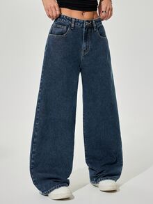 Rivivi Women's Plus Size Casual High Waist Wide Leg Denim Jeans With Pockets,Fall/Winter - Dark Wash - View 3