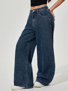 Rivivi Women's Plus Size Casual High Waist Wide Leg Denim Jeans With Pockets,Fall/Winter - Dark Wash - View 7