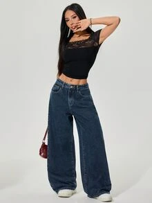 Rivivi Women's Plus Size Casual High Waist Wide Leg Denim Jeans With Pockets,Fall/Winter - Dark Wash - View 6