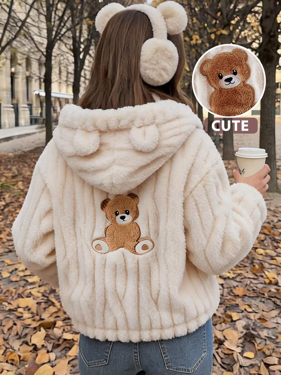 Comfortcana Women's Cartoon Pattern Casual Daily Wear Hooded Jacket - Apricot - View 1