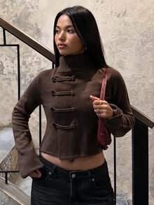 SHEIN BAE 橄欖綠女款鈕扣開襟針織外套 2026年秋季休閒V領長袖夾克 適合辦公室、週末早午餐，可搭配牛仔褲穿著 - 棕色 - 查看 4