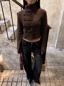 SHEIN BAE 橄欖綠女款鈕扣開襟針織外套 2026年秋季休閒V領長袖夾克 適合辦公室、週末早午餐，可搭配牛仔褲穿著 - 棕色 - 查看 1