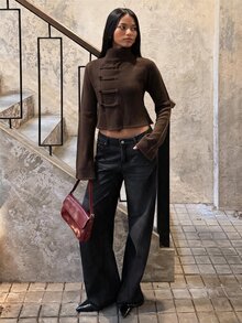 SHEIN BAE 橄欖綠女款鈕扣開襟針織外套 2026年秋季休閒V領長袖夾克 適合辦公室、週末早午餐，可搭配牛仔褲穿著 - 棕色 - 查看 7