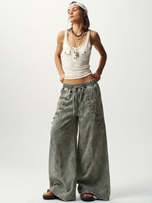 Bohemela 休閒純色梭織寬腿女款牛仔褲 - 軍綠色 - 查看 8