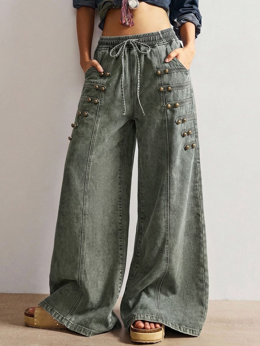 Bohemela Casual Solid Color Woven Wide Leg Women's Jeans - Army Green - View 1