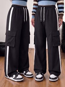 SHEIN Tween Girl Drawstring Waist Casual Versatile Daily Wear Long Pants - Black - View 1