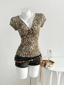 Elamini Women's T-Shirt, Leopard Print Twist Knot Deep V-Neck, Decorative Button, Casual Sexy Daily Holiday Wear Night Out Vacation Beige Summer - Brown - View 4