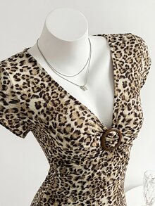 Elamini Women's T-Shirt, Leopard Print Twist Knot Deep V-Neck, Decorative Button, Casual Sexy Daily Holiday Wear Night Out Vacation Beige Summer - Brown - View 5
