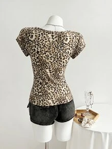 Elamini Women's T-Shirt, Leopard Print Twist Knot Deep V-Neck, Decorative Button, Casual Sexy Daily Holiday Wear Night Out Vacation Beige Summer - Brown - View 2