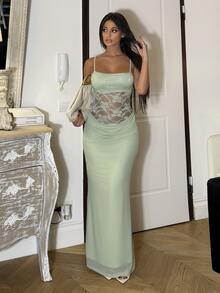 Ronhire Women's Sage Green Summer Elegant Date Spaghetti Strap Lace See-Through Mermaid Bodycon Dress,Vacation Wedding Event Party Valentine Outfits - Green - View 1