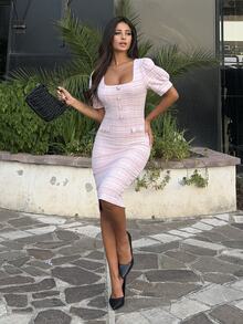 Ronhire 女士优雅浪漫泡泡袖船领收腰修身迷你连衣裙 - 粉色 - 查看 4