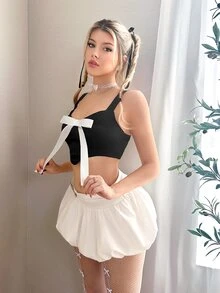 SHEIN ICON Women Summer Short Bowknot Decorated Color Block Bralette Tank Top - Black - View 4