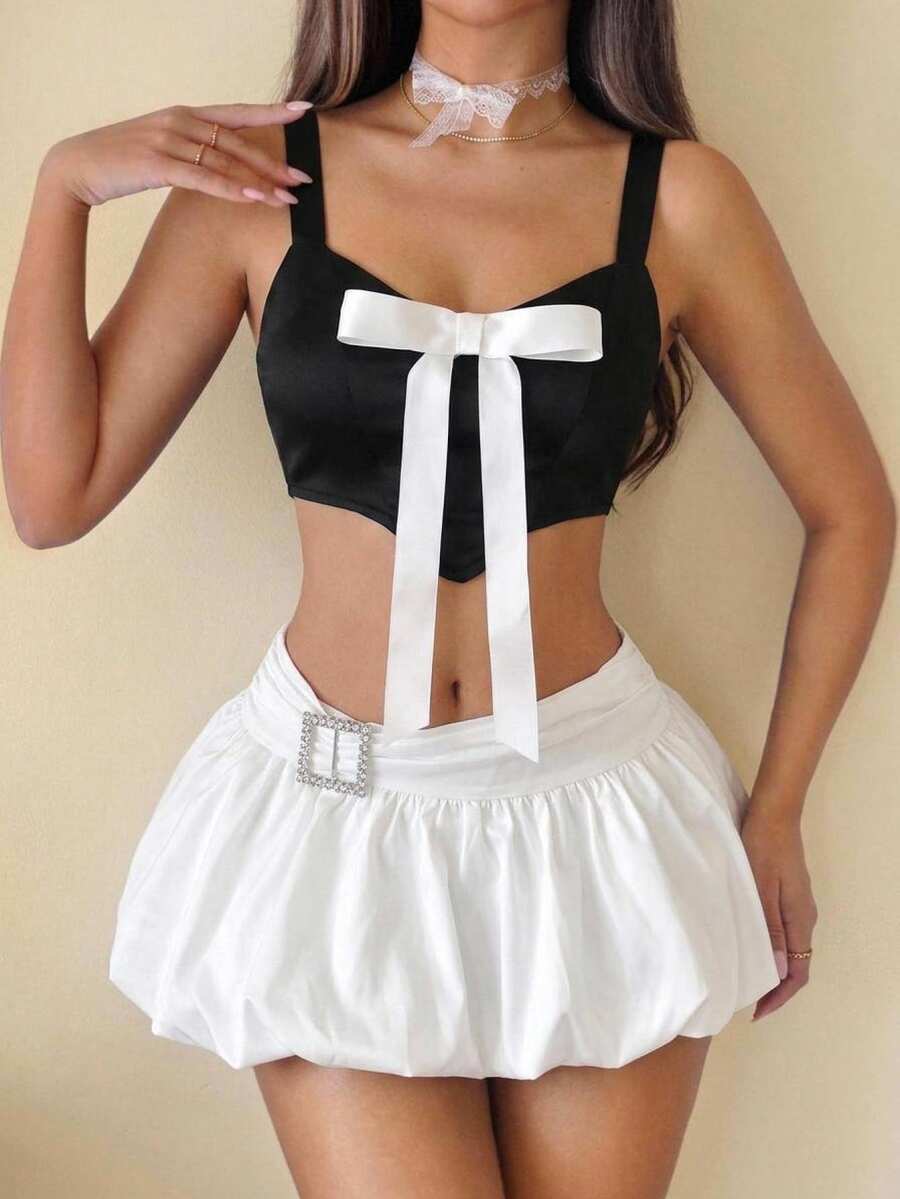 SHEIN ICON Women Summer Short Bowknot Decorated Color Block Bralette Tank Top - Black - View 1
