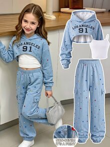 SHEIN 3pcs/Set Girls Camouflage Pattern Sweatshirt Top & Camouflage Casual Tapered Leg Pants Set, Suitable For Spring/Autumn Daily Wear, Fall Outfits - Multicolor - View 1