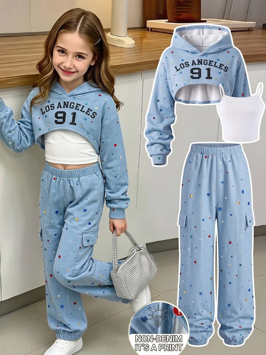 SHEIN 3pcs/Set Girls Camouflage Pattern Sweatshirt Top & Camouflage Casual Tapered Leg Pants Set, Suitable For Spring/Autumn Daily Wear, Fall Outfits - Multicolor - View 1