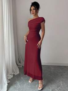 Modelyn Women's French Elegant High Neck Ruched Mesh Splice Hem Asymmetrical Neck Dress - Burgundy - View 7