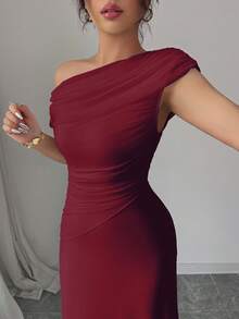 Modelyn Women's French Elegant High Neck Ruched Mesh Splice Hem Asymmetrical Neck Dress - Burgundy - View 6