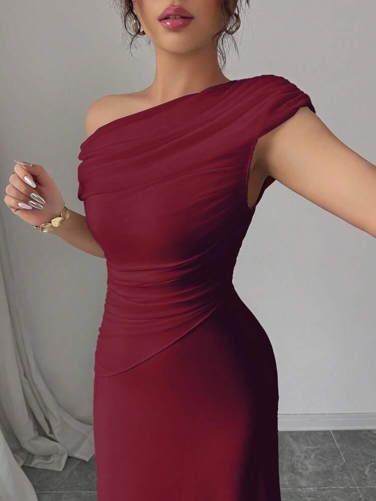 Modelyn Women's French Elegant High Neck Ruched Mesh Splice Hem Asymmetrical Neck Dress - Burgundy - View 5