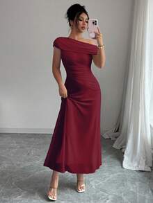 Modelyn Women's French Elegant High Neck Ruched Mesh Splice Hem Asymmetrical Neck Dress - Burgundy - View 3