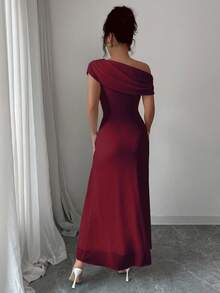 Modelyn Women's French Elegant High Neck Ruched Mesh Splice Hem Asymmetrical Neck Dress - Burgundy - View 4