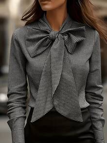 Balvessa Women's Autumn/Winter Plaid Bowknot Long Sleeve Blouse Office Work Black And White Checkered Casual Elegant - Black and White - View 1