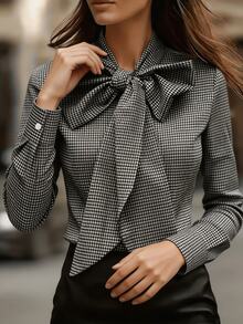Balvessa Women's Autumn/Winter Plaid Bowknot Long Sleeve Blouse Office Work Black And White Checkered Casual Elegant - Black and White - View 3